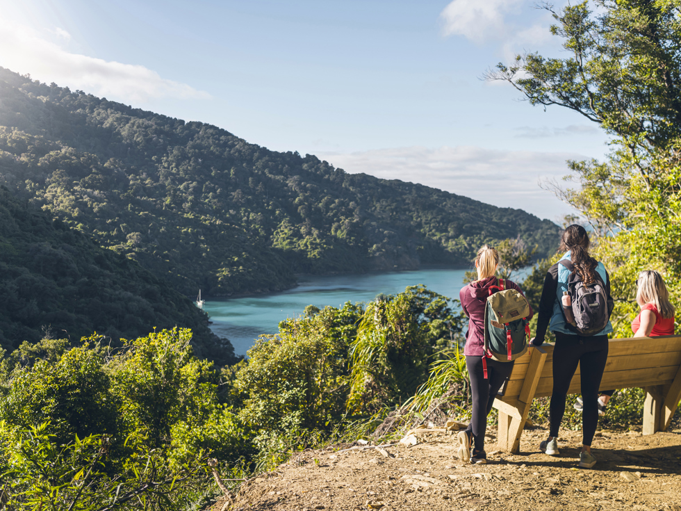 Three people at a bench and viewpoint on the northern Queen Charlotte Track, overlooking Ship Cove/Meretoto in the Marlborough Sounds, New Zealand.