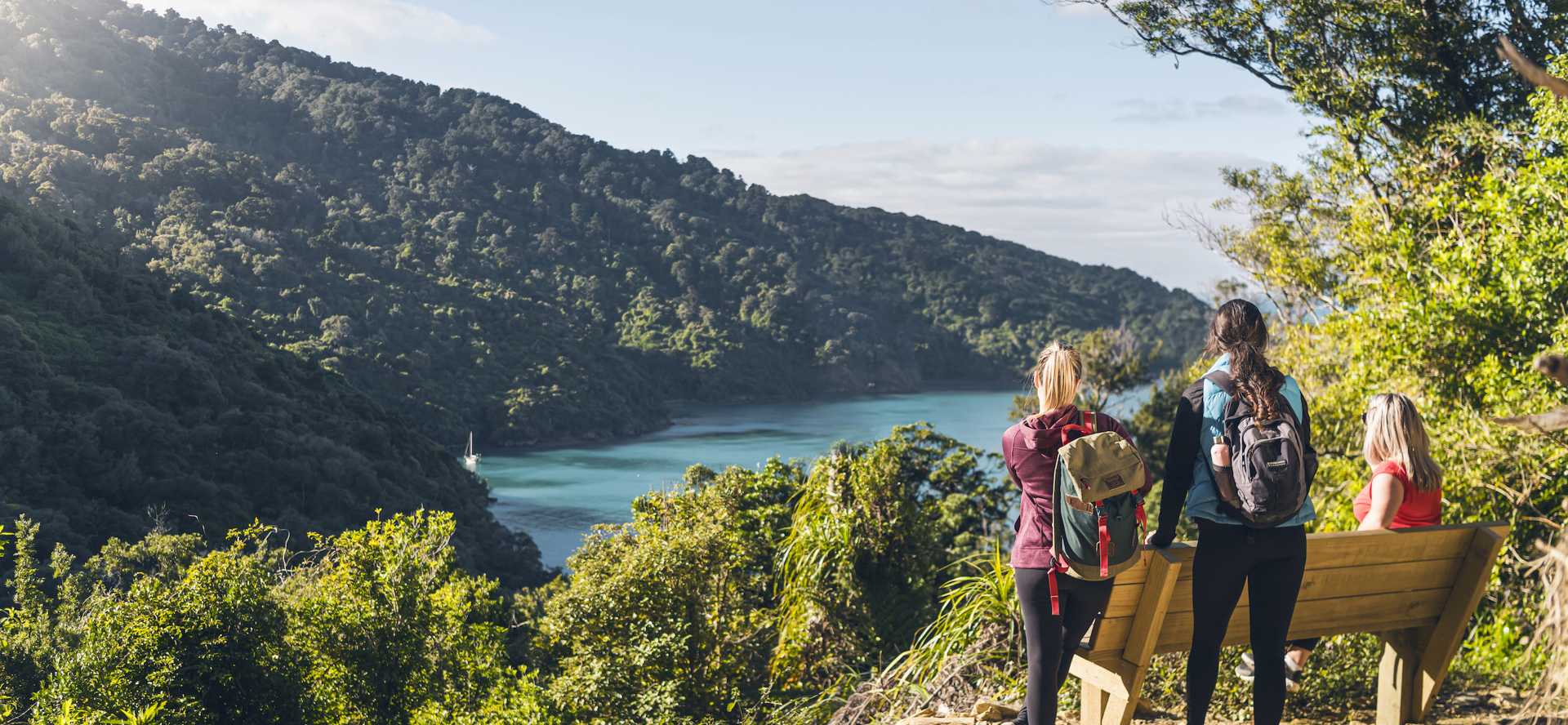 Three people at a bench and viewpoint on the northern Queen Charlotte Track, overlooking Ship Cove/Meretoto in the Marlborough Sounds, New Zealand.