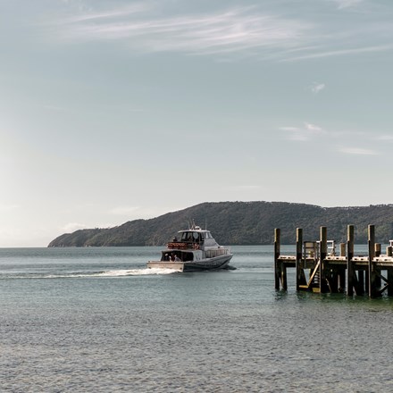 A Cougar Line boat departs the jetty at Ship Cove/Meretoto in the outer Queen Charlotte Sound/Tōtaranui in the Marlborough Sounds, New Zealand.