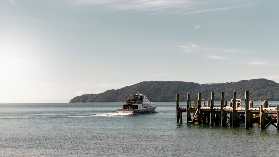 A Cougar Line boat departs the jetty at Ship Cove/Meretoto in the outer Queen Charlotte Sound/Tōtaranui in the Marlborough Sounds, New Zealand.