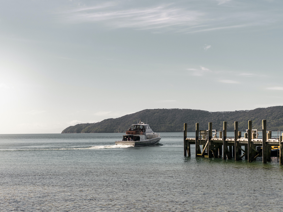 A Cougar Line boat departs the jetty at Ship Cove/Meretoto in the outer Queen Charlotte Sound/Tōtaranui in the Marlborough Sounds, New Zealand.