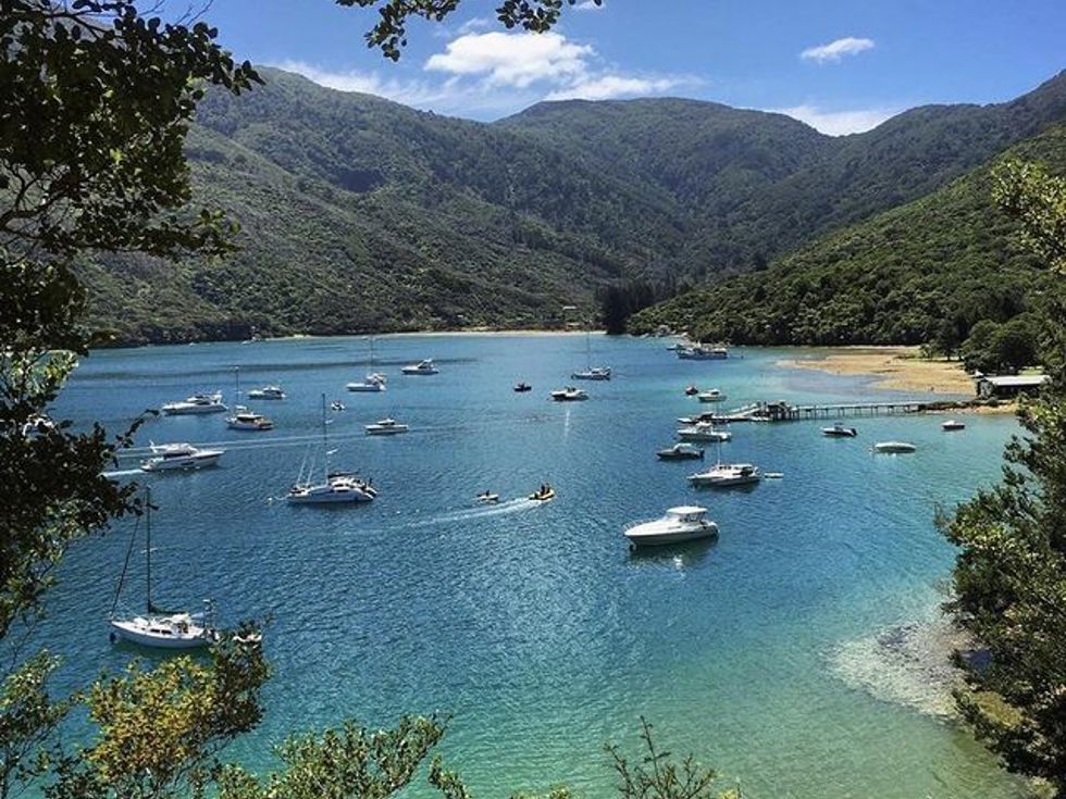An aerial view of a Cougar Line boat and wake as it cruises through Queen Charlotte Sound/Tōtaranui in the Marlborough Sounds, New Zealand.