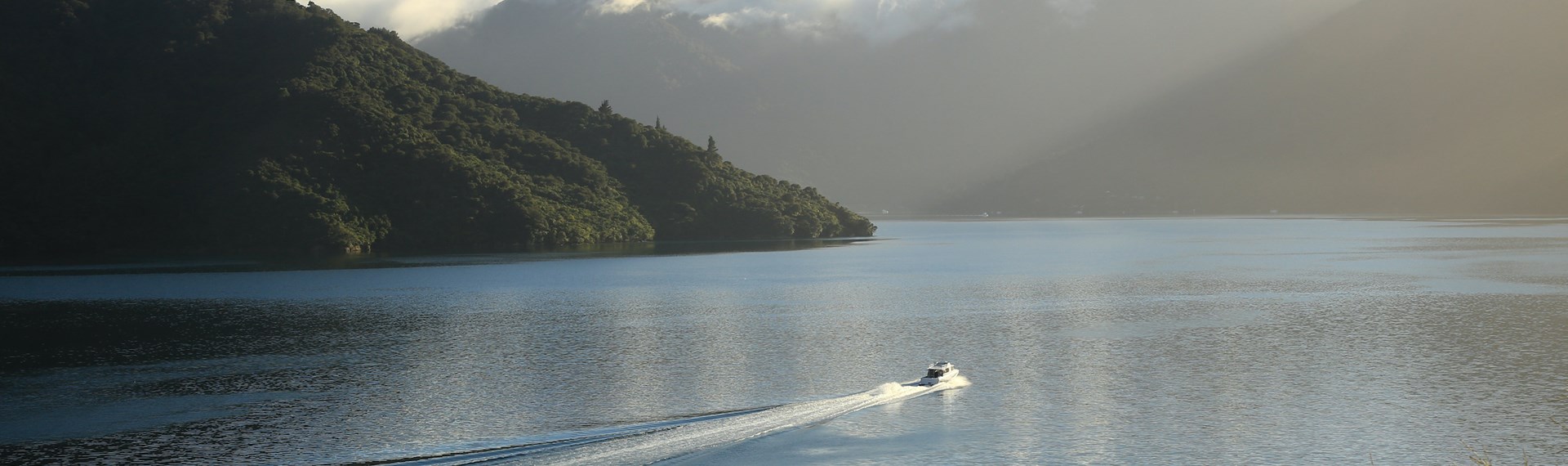 A Cougar Line boat leaves a wake in the calm water as it cruises through the Marlborough Sounds, New Zealand.