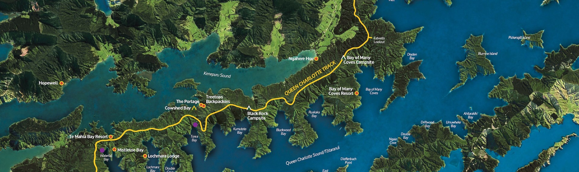 A map of the Queen Charlotte Sound/Tōtaranui including the Queen Charlotte Track, accommodation and Cougar Line passenger drop-off points in the Marlborough Sounds, New Zealand.