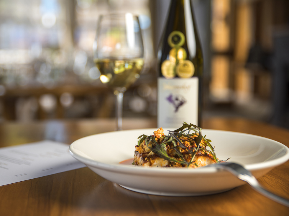 The Punga Fern Restaurant menu can include meals like this fresh Groper dish matched with a glass of local Marlborough wine at Punga Cove in the Marlborough Sounds of New Zealand's South Island