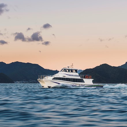 A Cougar Line boat cruises towards Picton at dusk while transferring passengers in Queen Charlotte Sound/Tōtaranui, Marlborough Sounds, New Zealand