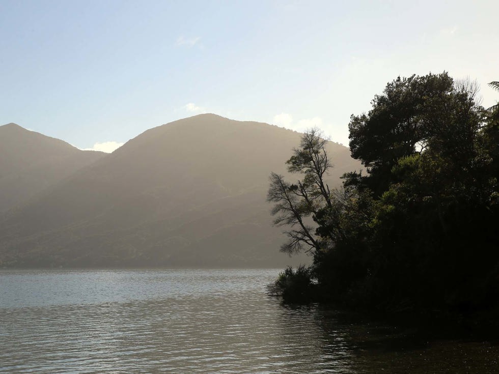 View the beautiful sunset from behind the hills at Punga Cove in the Marlborough Sounds of New Zealand's top of the South Island