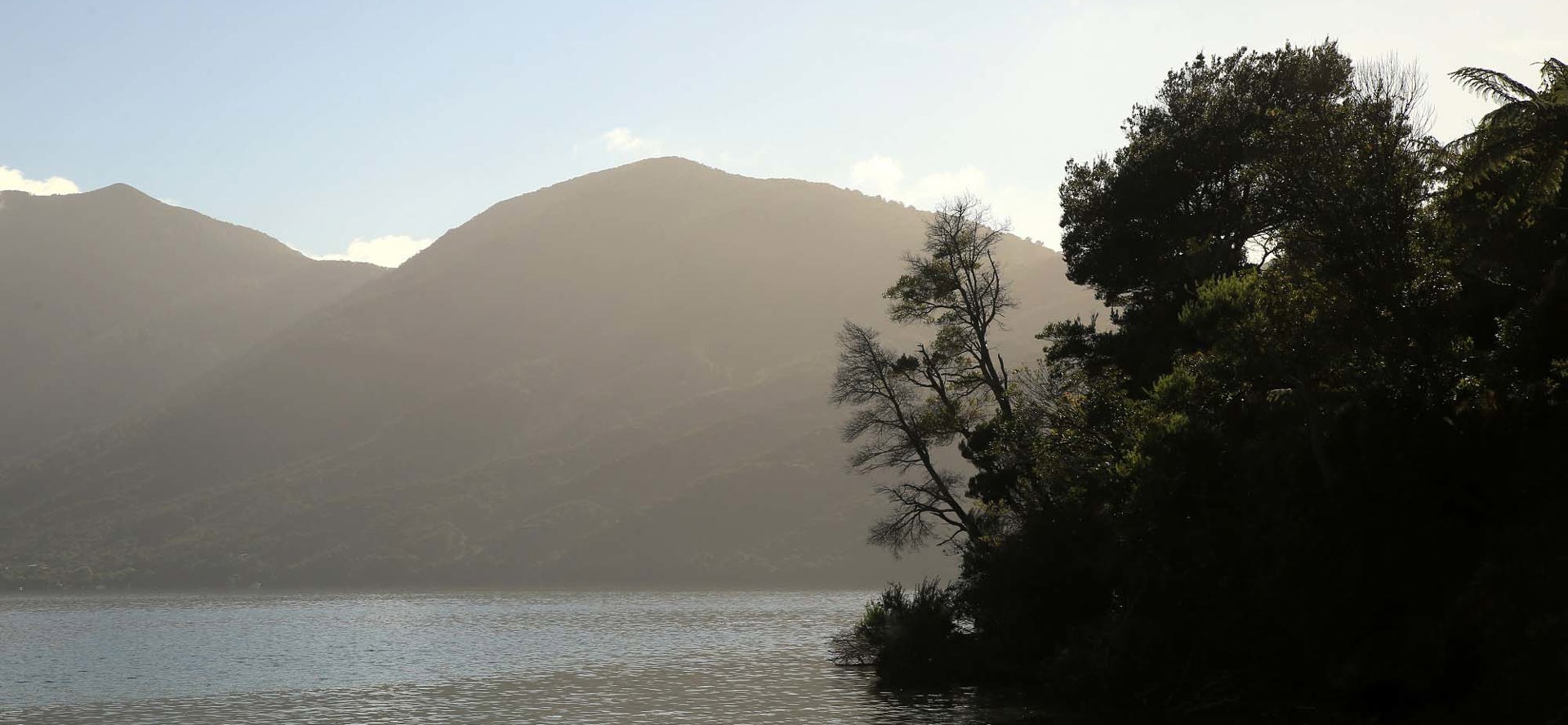 View the beautiful sunset from behind the hills at Punga Cove in the Marlborough Sounds of New Zealand's top of the South Island