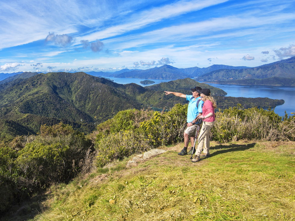 Two people walk on the northern Queen Charlotte Track in the Marlborough Sounds, New Zealand.