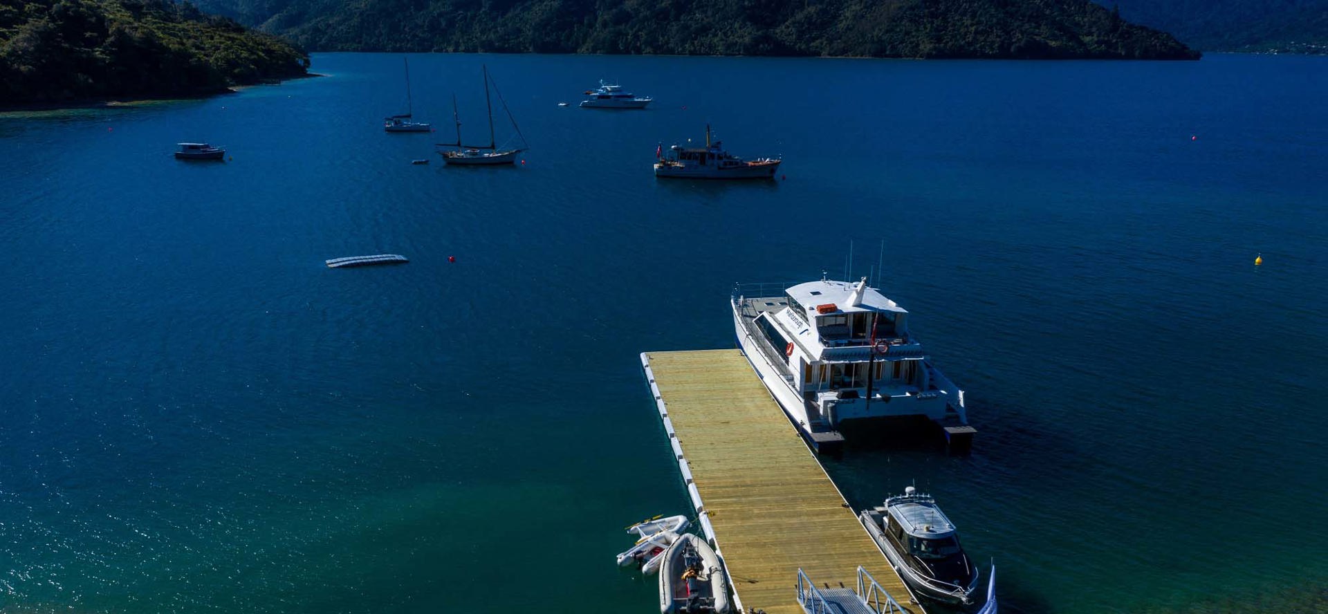 An aerial view of the Punga Cove jetty with a number of vessels parked next to it - there is also moorings available to park vessels