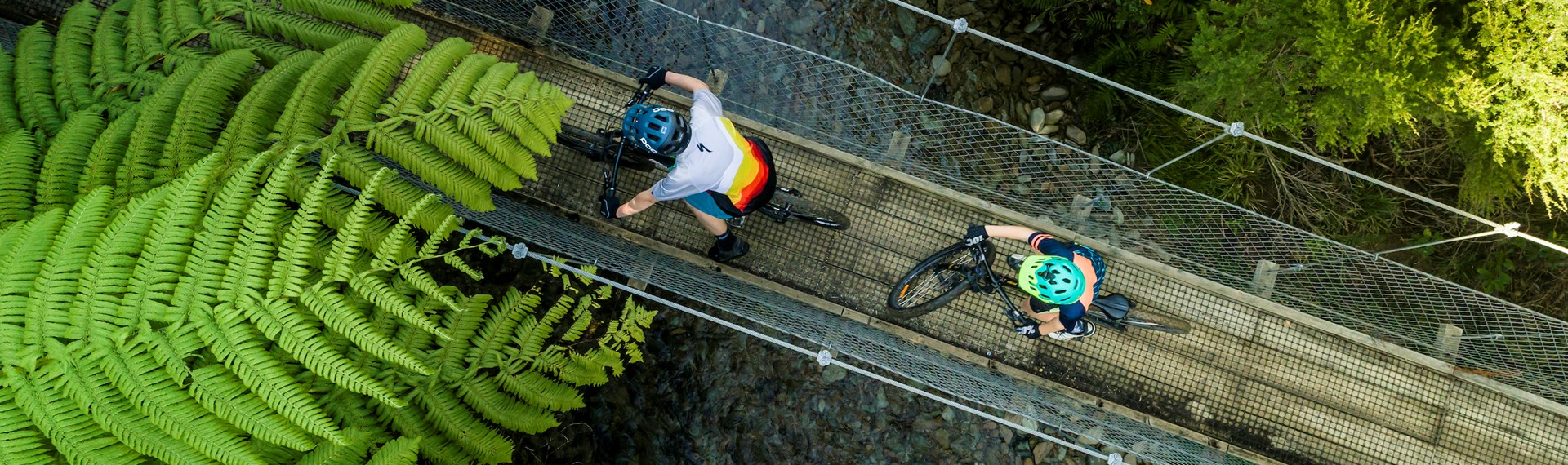 Two mountain bikers cross a swing bridge on the northern Queen Charlotte Track in the Marlborough Sounds, New Zealand.