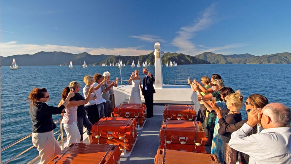 A newly married couple celebrate their wedding in the Marlborough Sounds aboard a Cougar Line boat.